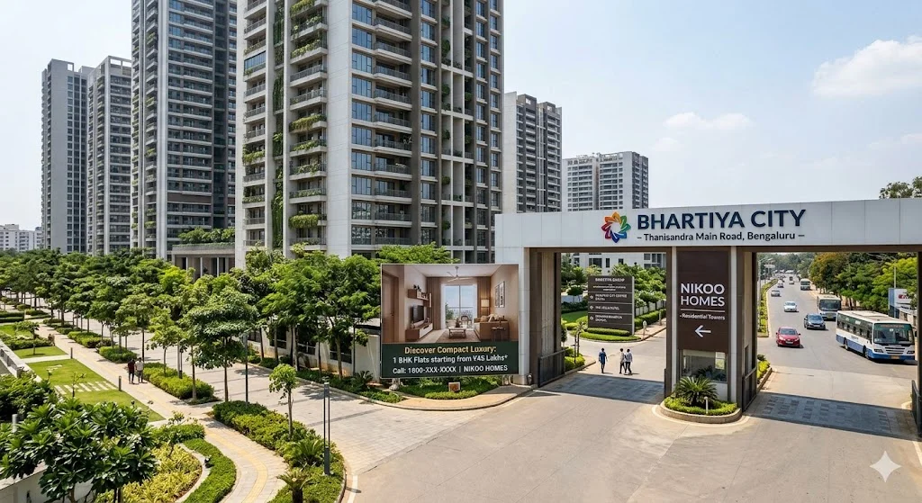 Exterior view and layout representation of a 1 BHK apartment at Bhartiya City Nikoo Homes on Thanisandra Main Road, North Bangalore.