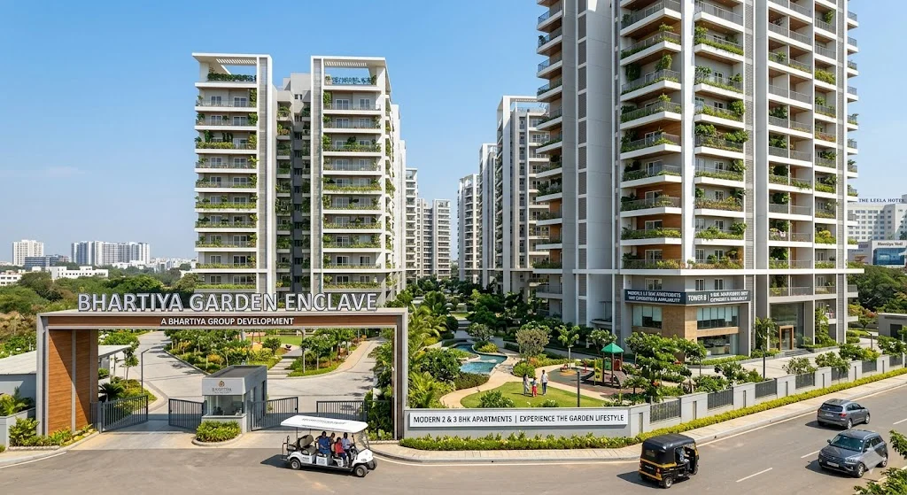 Spacious 2 BHK apartment layout at Bhartiya Garden Enclave in North Bangalore featuring modern interiors, two bedrooms, and large balconies.