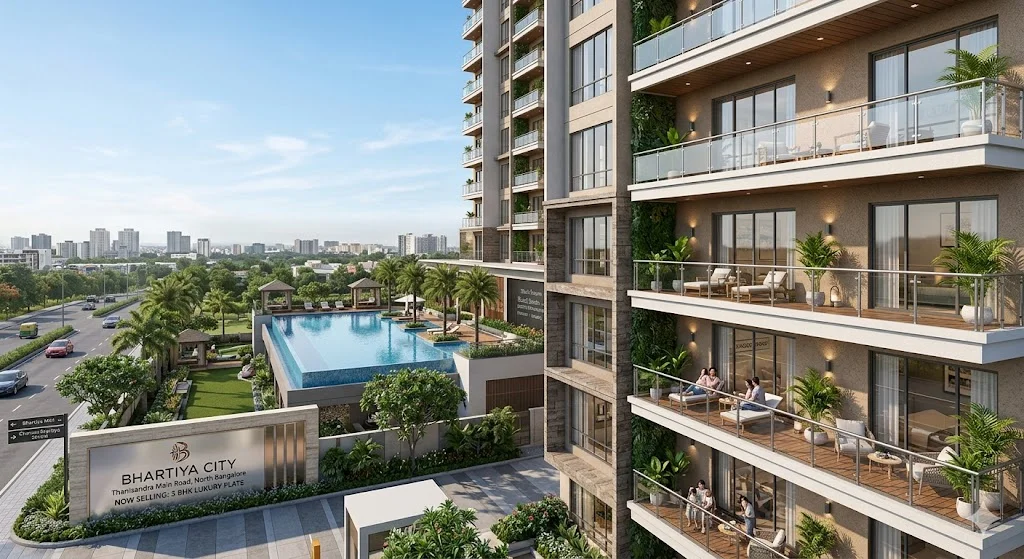 Exterior view of a premium 3 BHK luxury apartment complex located on Thanisandra Main Road, North Bangalore, offering quick connectivity to Manyata Tech Park.