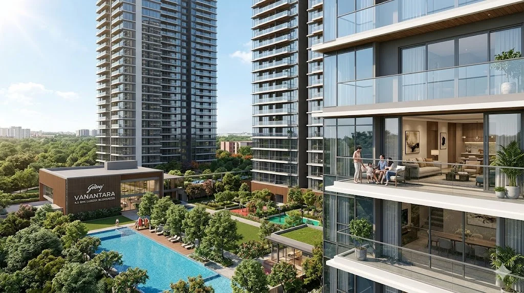 Spacious living room and modern interior design of a 4.5 BHK luxury residence at Godrej Vanantara in South Bangalore.