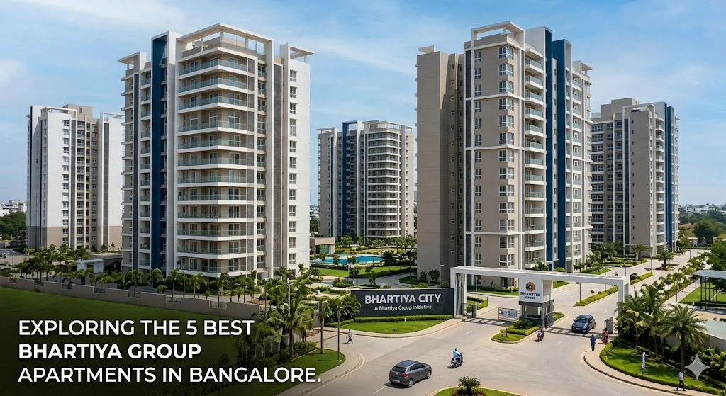 Master plan overview of Bhartiya City in North Bangalore, highlighting top residential phases including Nikoo Homes and Bhartiya Garden Estate.