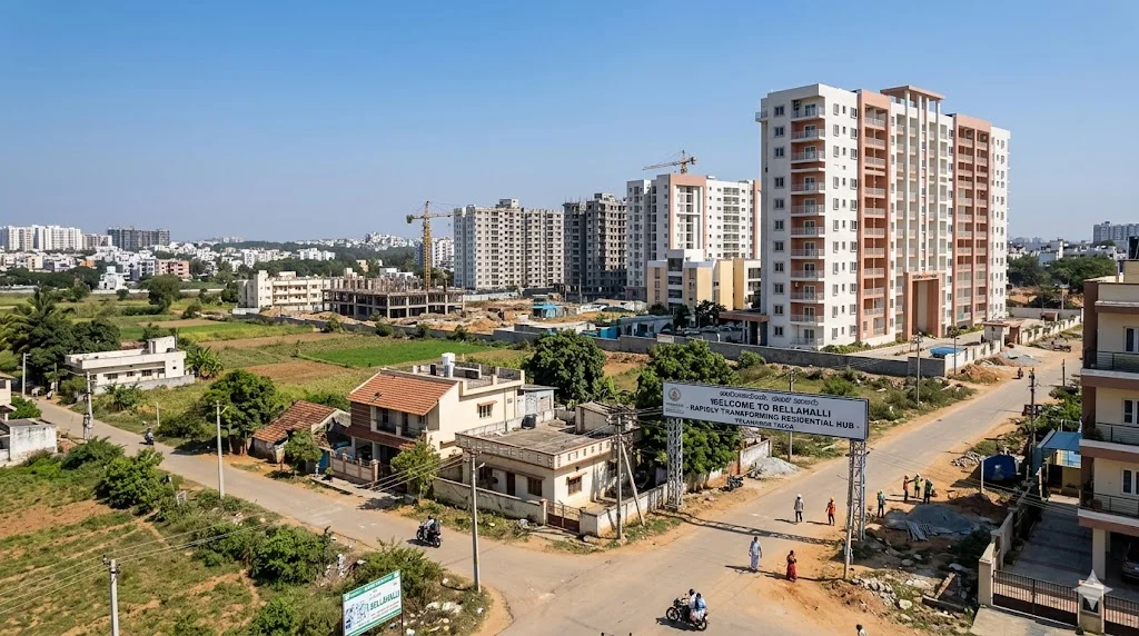 Aerial view of Bellahalli area in North Bangalore showing upcoming residential developments and greenery.