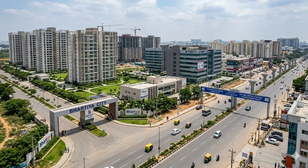Infographic and map showing the real estate growth, infrastructure projects, and investment advantages of Thanisandra Main Road in North Bangalore.