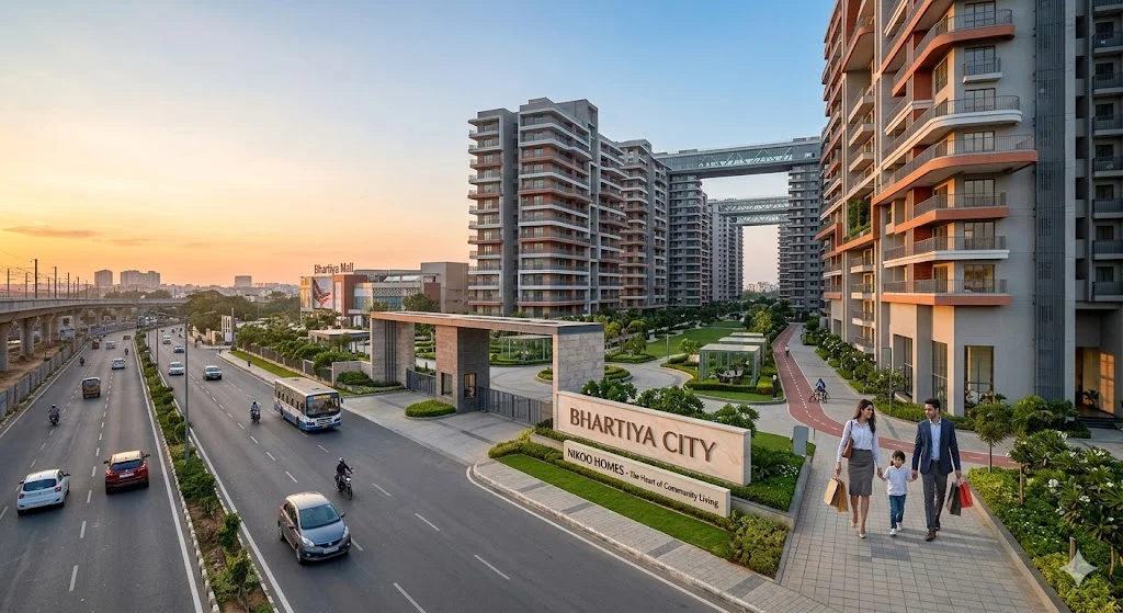 Aerial view of affordable luxury apartment complexes on Thanisandra Main Road offering quick access to Manyata Tech Park in North Bangalore.