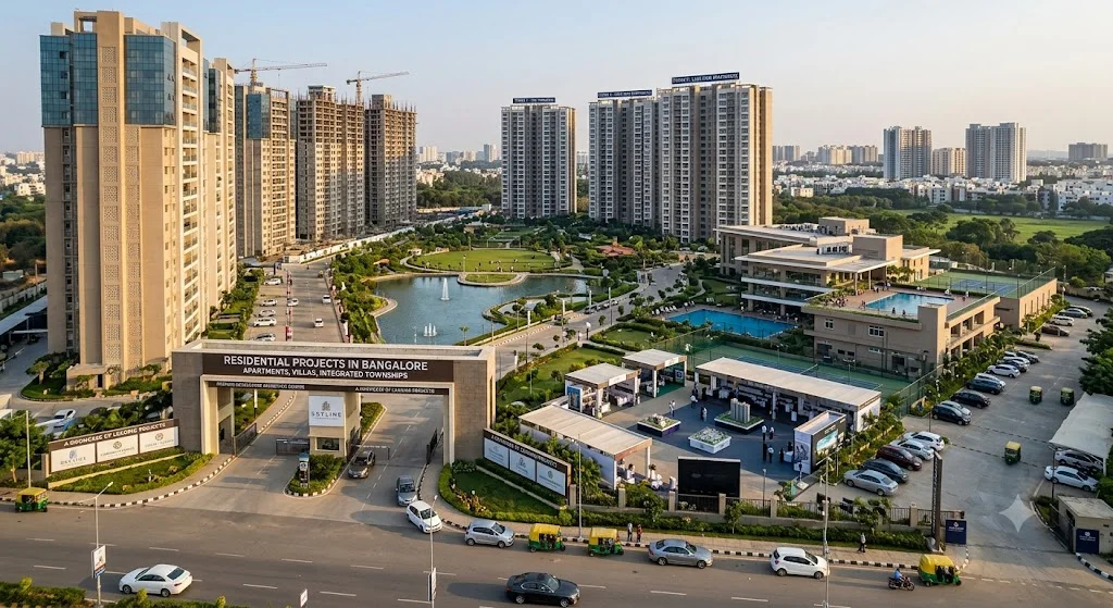 A wide exterior view of modern high-rise apartment projects and residential buildings in Bangalore.