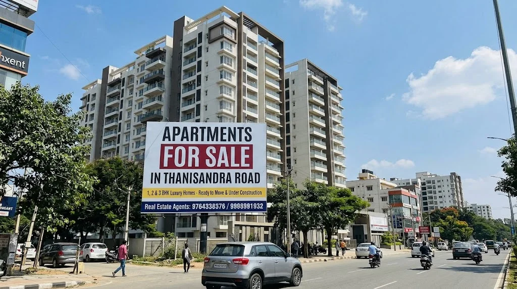 Exterior view of a modern apartment complex for sale on Thanisandra Road."