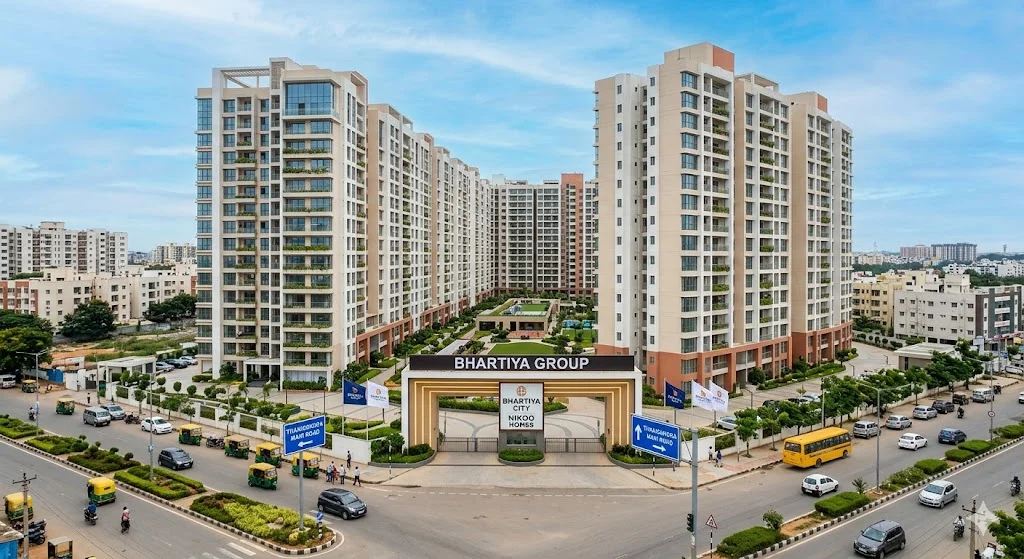 Exterior view of modern residential apartment buildings located on Thanisandra Road in North Bengaluru