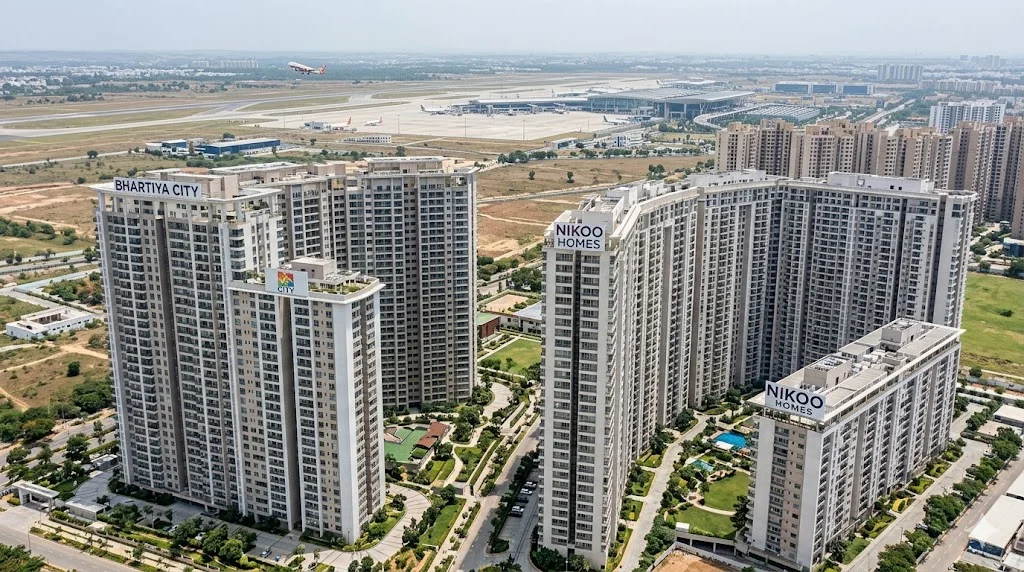 A view of a modern apartment building complex located conveniently near the airport area