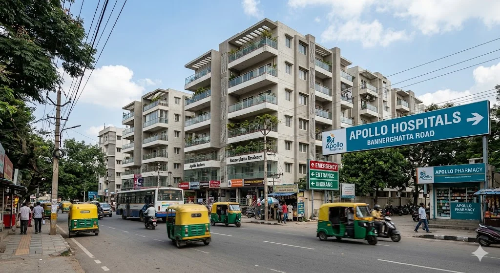 Residential apartment buildings located in close proximity to Apollo Hospital on Bannerghatta Main Road, South Bangalore.