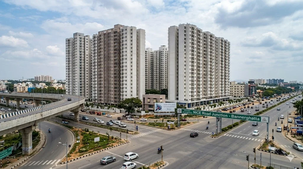 Map and aerial view of residential apartments located at the NICE Road and Bannerghatta Road intersection showing seamless connectivity across Bangalore.