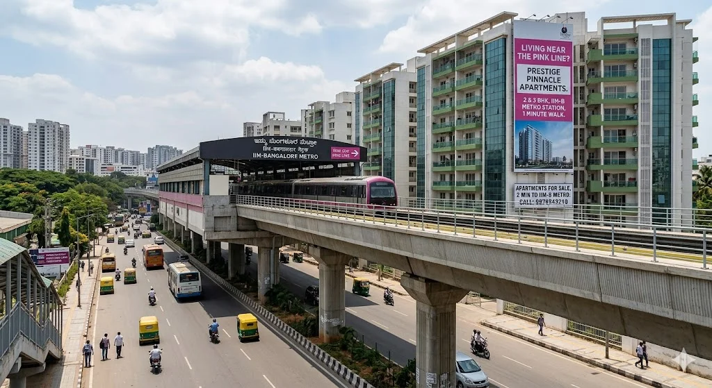 Map showing upcoming residential apartments and luxury flats located along the Namma Metro Pink Line corridor in Bangalore