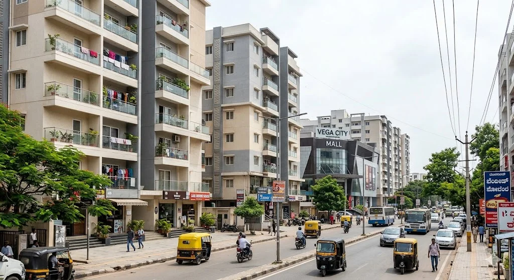 Luxury residential apartments and high-rise buildings located near Vega City Mall on Bannerghatta Road, South Bangalore.