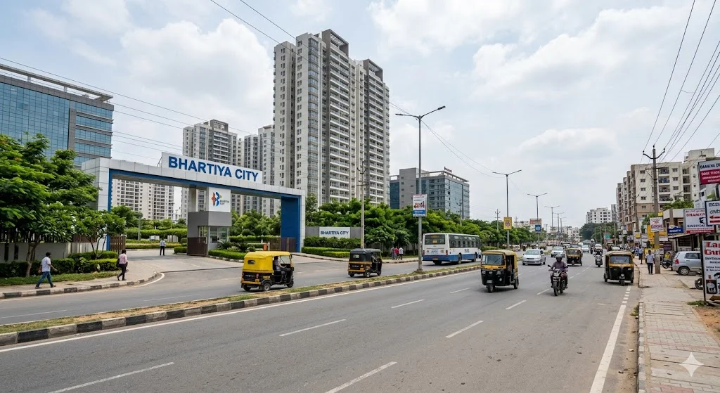 A view of the neighborhoods and residential developments located near Thanisandra Road in Bangalore.