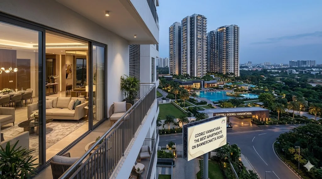 Map view and exterior shot of top-rated luxury apartments on Bannerghatta Road highlighting proximity to the upcoming Pink Line Metro and major IT hubs.