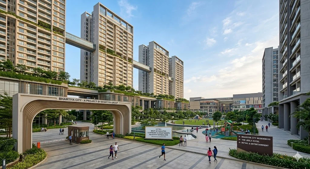 Aerial view of the best apartment complexes in Bellahalli showing connectivity to Thanisandra Main Road and North Bangalore IT hubs.