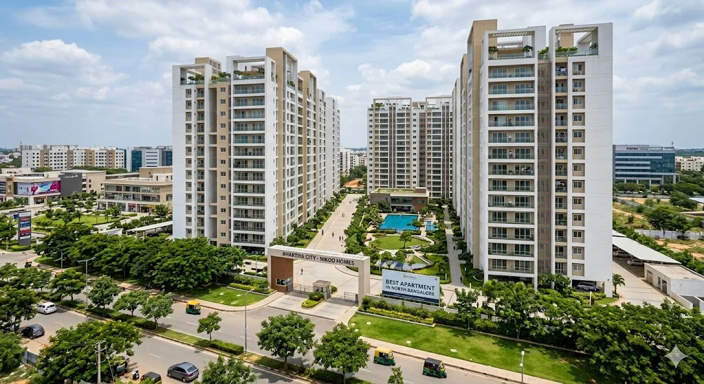 Aerial view of top-rated apartment complexes in North Bangalore near the Aerospace Park and International Airport corridor.