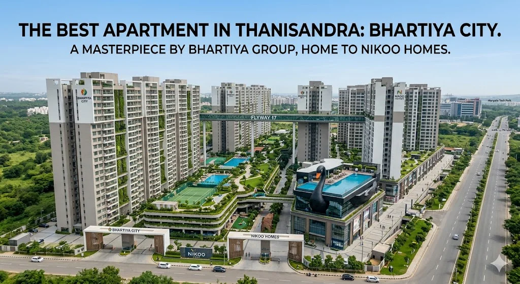 Aerial view of luxury residential apartments in Thanisandra, Bangalore, showing close proximity to Manyata Tech Park and the Airport corridor.