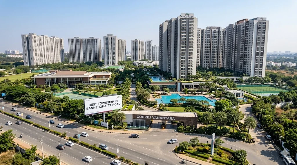 Aerial view of a sprawling new launch residential township on Bannerghatta Road showing proximity to the upcoming Pink Line Metro and NICE Road junction.