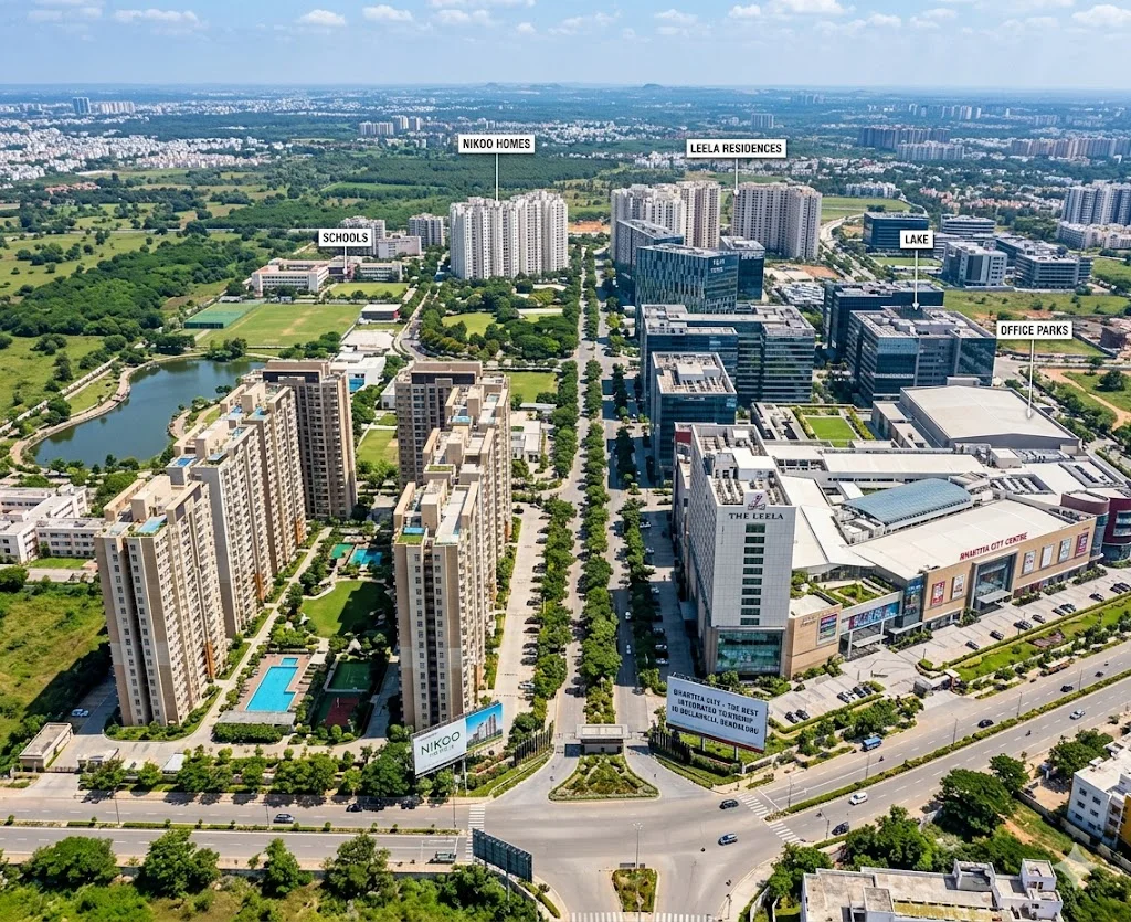 Aerial view of the premier integrated residential township in Bellahalli, North Bangalore, featuring luxury high-rises and expansive lifestyle amenities.