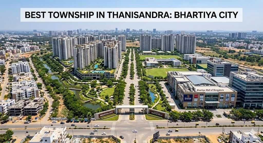 High-angle shot of modern high-rise apartment townships and expansive landscaped residential communities in Thanisandra, Bangalore.