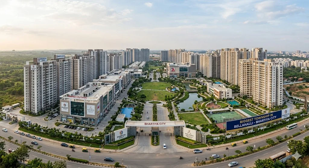 Aerial master plan of the largest residential township in Bellahalli, featuring luxury apartment towers, retail spaces, and expansive green zones.