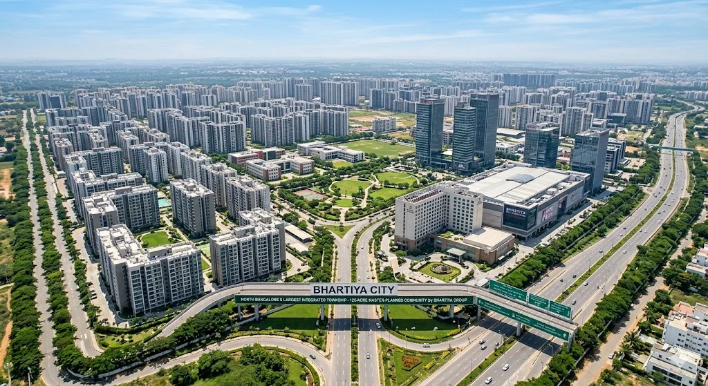 Aerial view of Bhartiya City, the largest 125-acre integrated residential and commercial township in North Bangalore near Thanisandra.