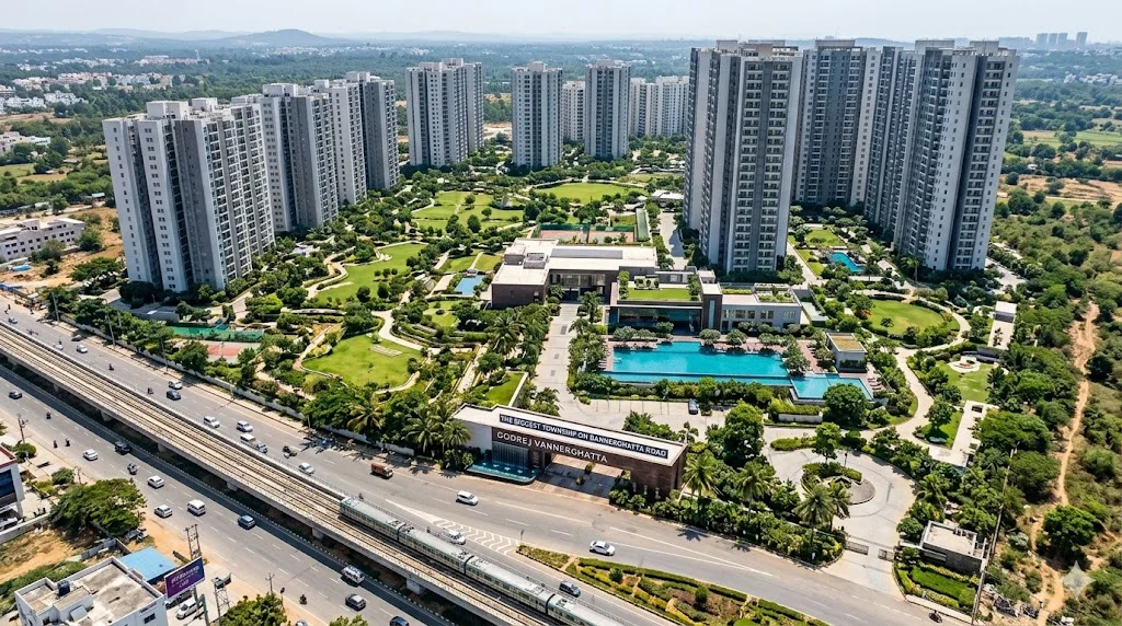Master plan of the largest residential township on Bannerghatta Road, South Bangalore, featuring 80 percent open spaces, high-rise towers, and a massive forest-themed central park.