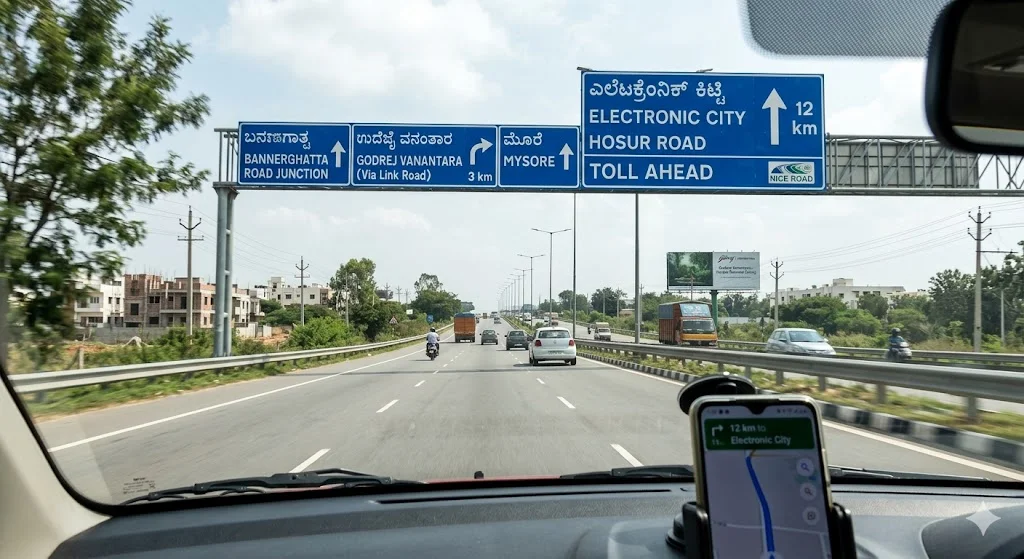 Route map showing the 12 km commute distance and travel time from Godrej Vanantara to Electronic City via NICE Road in South Bangalore.