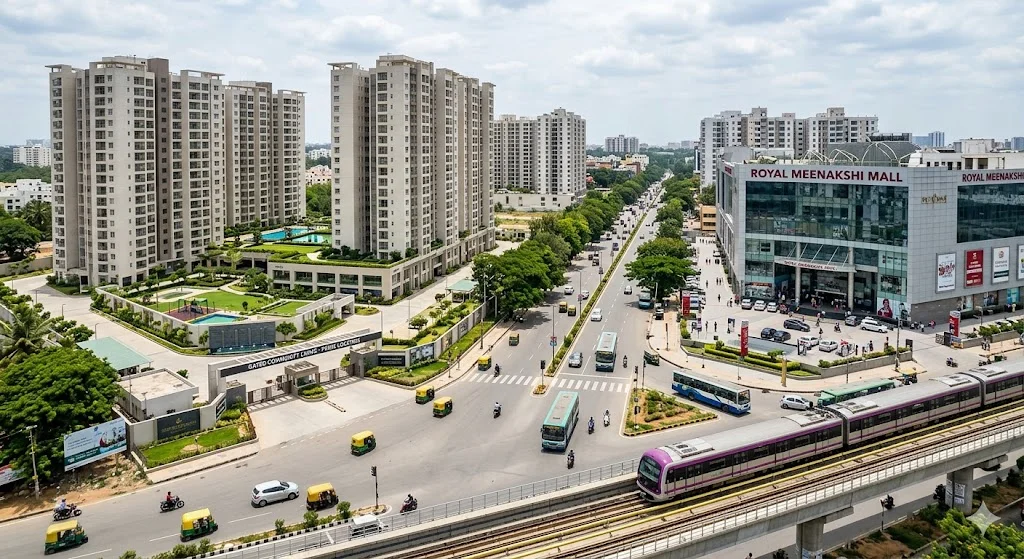 Aerial view of luxury gated communities and residential apartments located near Royal Meenakshi Mall on Bannerghatta Road, South Bangalore.