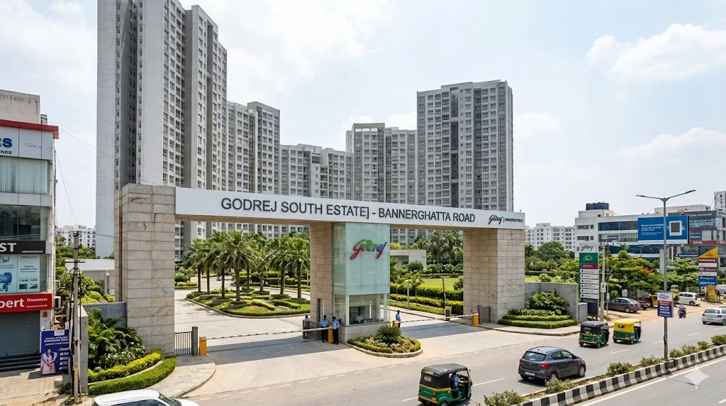 Street view of a secure, premium gated community on Bannerghatta Road, South Bangalore, featuring landscaped pathways and modern residential homes.