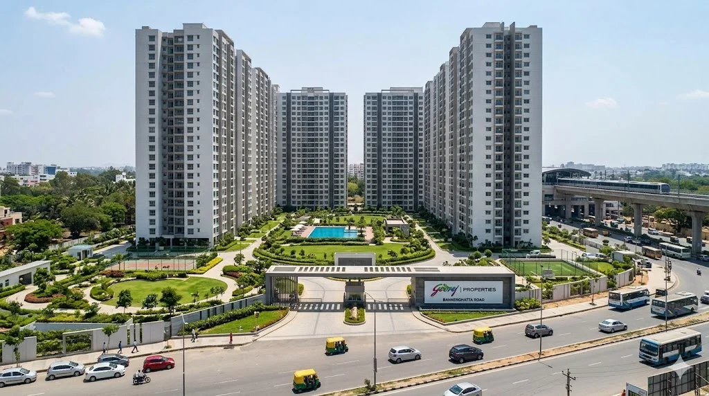 Exterior view of premium Godrej apartments located on Bannerghatta Road, Bangalore.