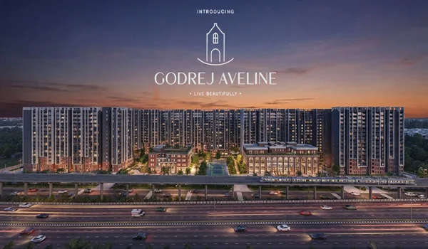 Aerial view of the Godrej Aveline residential project located on Airport Road in Yelahanka, North Bangalore, showing connectivity to Kempegowda International Airport.