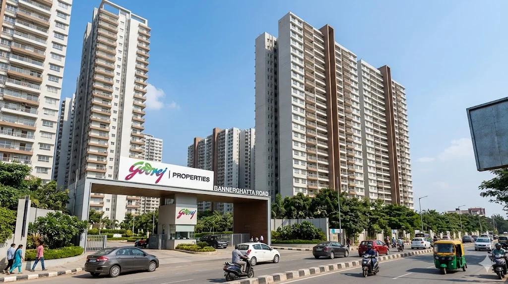 Aerial view of the upcoming Godrej Properties residential township on Bannerghatta Road featuring luxury apartments and expansive green spaces