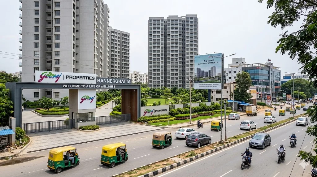 Master plan and aerial view of the new 33-acre Godrej Properties residential township located on Bannerghatta Road, South Bangalore.