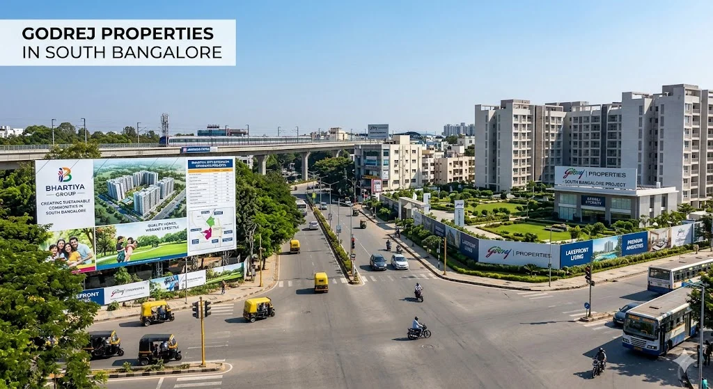 Map and overview of Godrej Properties residential projects in South Bangalore, including the new Bannerghatta Road township and Electronic City developments.