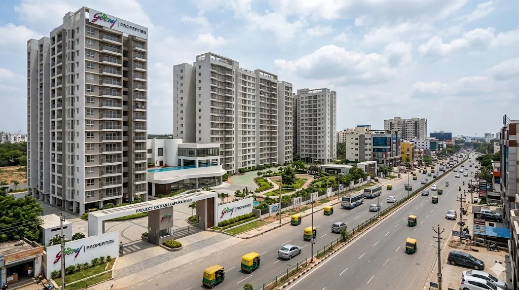 Overview map and skyline showcasing premium residential projects and integrated townships by Godrej Properties across Bangalore.