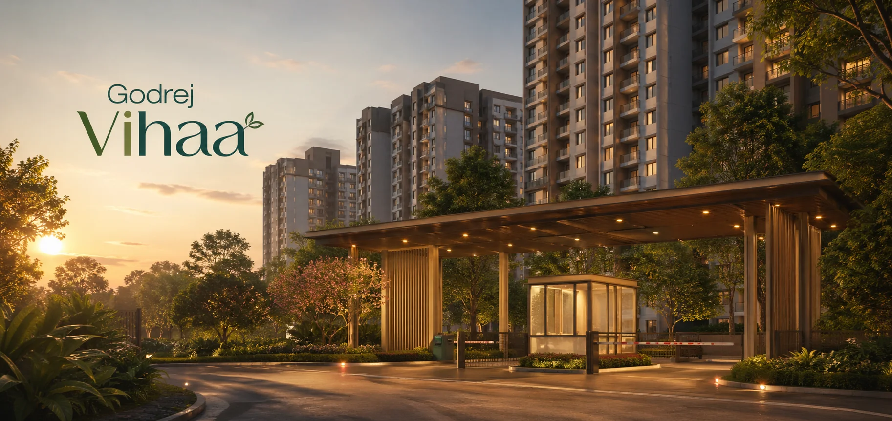 Exterior view and master plan of Godrej Vihaa residential township located on Neral-Badlapur Road near Mumbai.