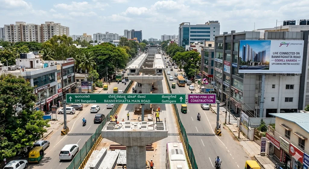 Route map and transit update of the upcoming Namma Metro Pink Line along Bannerghatta Road in South Bangalore.