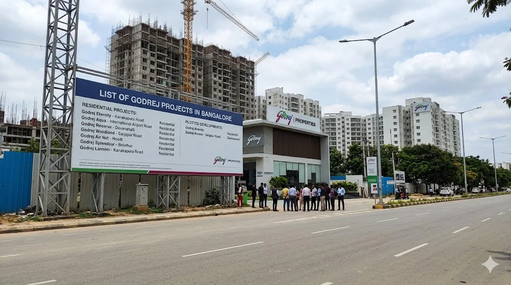 Map displaying the complete list of Godrej residential projects distributed across North, South, and East Bangalore growth corridors.