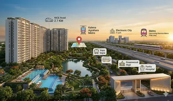 Connectivity map of Godrej Vanantara showing proximity to major highways, metro stations, and business hubs.