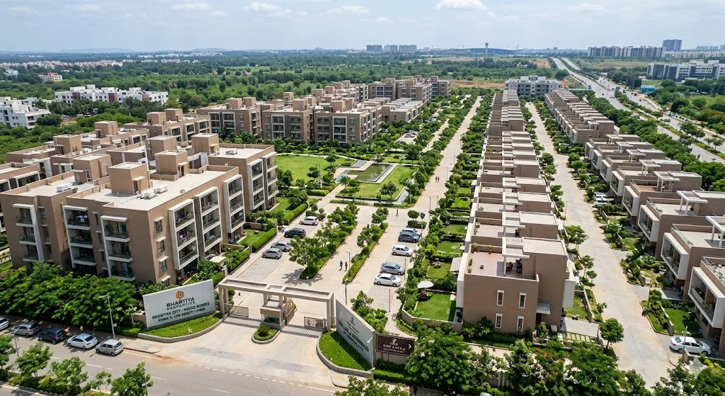 Aerial view of a premium low-density housing project in Bangalore featuring expansive green spaces and fewer units per acre.