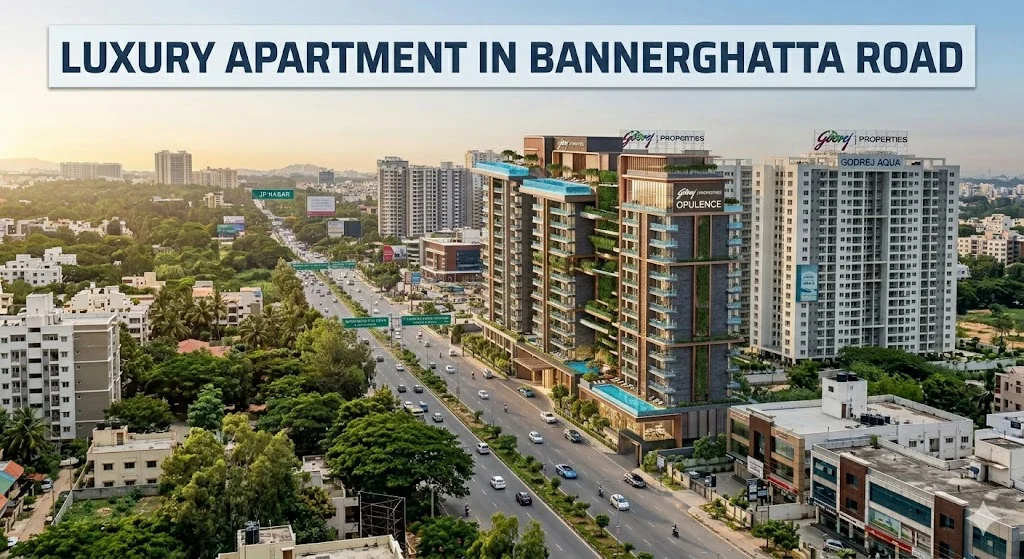 Exterior view of new luxury apartments located on Bannerghatta Road near the upcoming Pink Line Metro in South Bangalore.