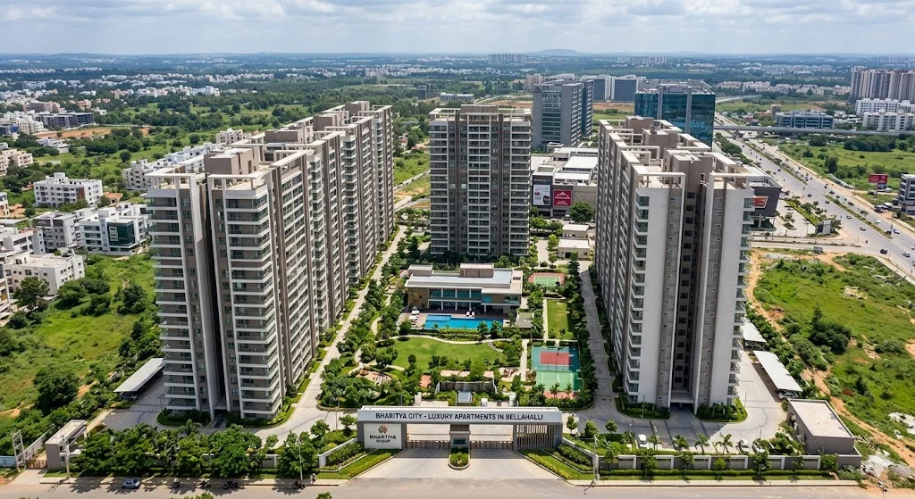 Aerial view of a luxury apartment project in Bellahalli, North Bangalore, highlighting connectivity to the airport corridor and IT hubs.