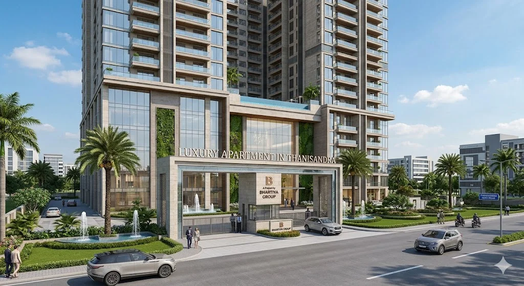 Modern luxury apartment complex in Thanisandra, North Bangalore, located close to Manyata Tech Park and major IT corridors.