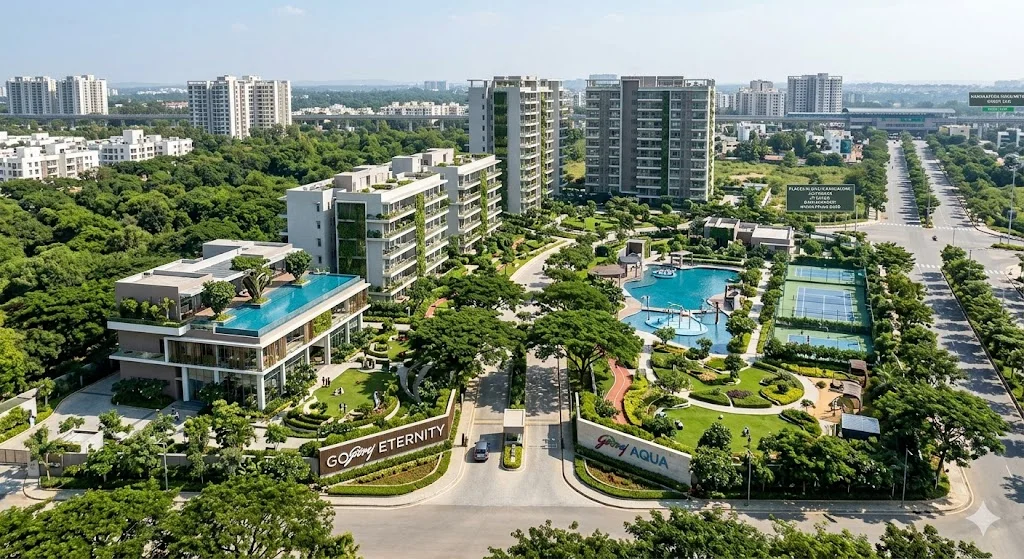 High-rise luxury apartment complexes in South Bangalore showcasing premium infrastructure and extensive green spaces.