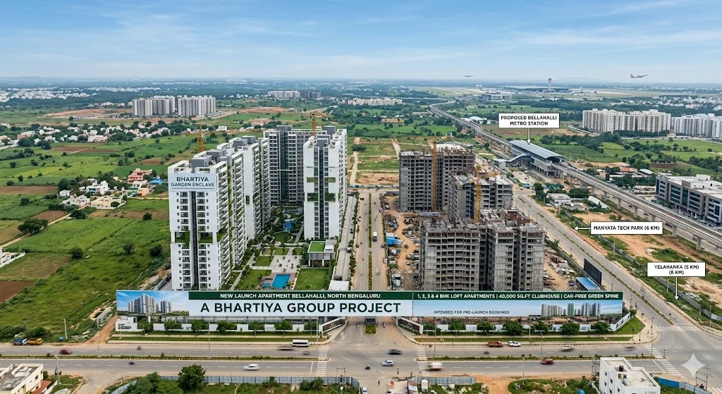 Map and exterior view of new launch apartment projects in Bellahalli near Thanisandra Main Road and Manyata Tech Park.