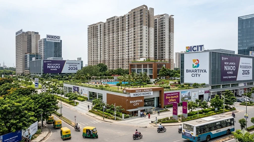 Map and skyline overview of upcoming new launch apartment projects in Bangalore highlighting premium residential investment corridors.