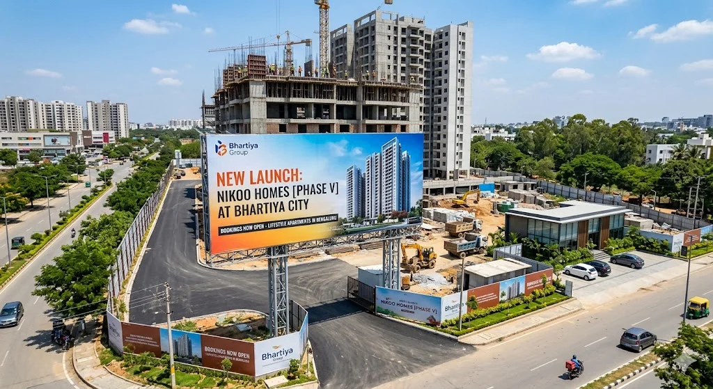 Aerial view of a premium new launch apartment project in Bangalore highlighting modern infrastructure and connectivity.