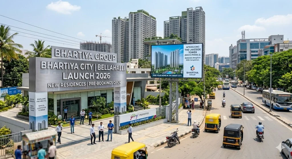 Map and architectural view of new launch residential apartment projects in Bellahalli, showcasing connectivity to major North Bangalore IT corridors.