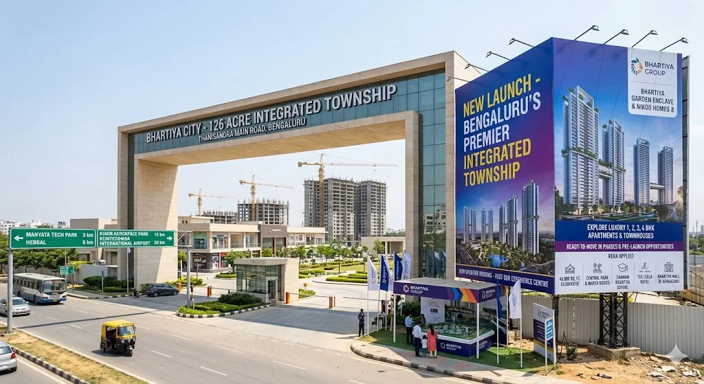 Map highlighting the strategic location and connectivity of new launch apartments on Thanisandra Main Road to the International Airport corridor.